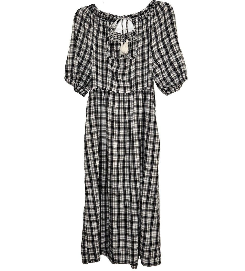 Old Navy Petite M Black White Plaid Smocked Neck Midi Dress Cottagecore Boho - Picture 3 of 7